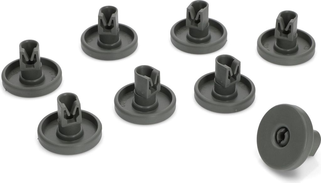 A set of dishwasher basket rollers on a white background.