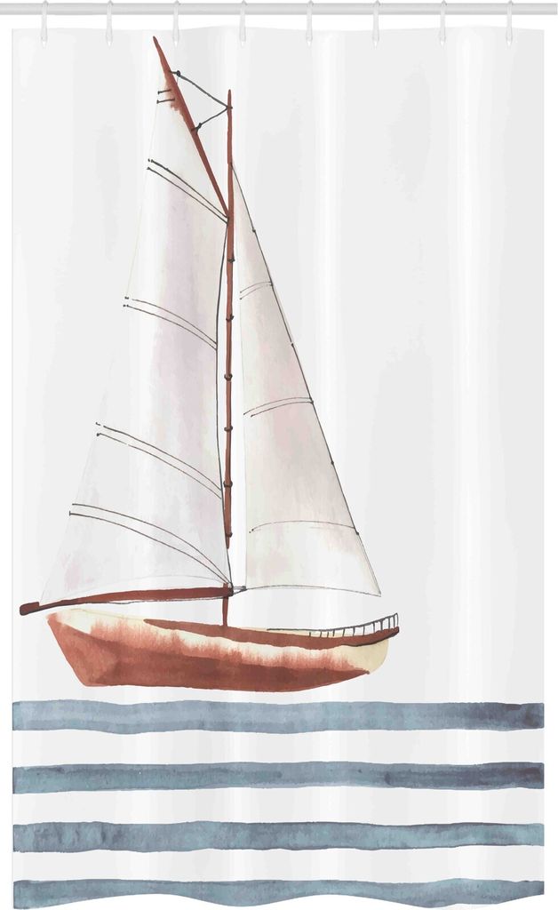 ABAKUHAUS Nautisch Schmaler Duschvorhang, Thema Segeln Boot Wellen, Badezimmer Deko Set aus Stoff mit Haken, 120 x 180 cm, Zimt Blassblau
