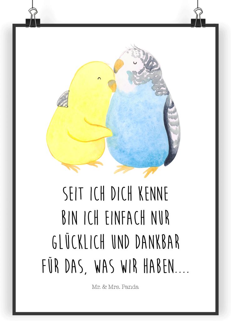 Mr. & Mrs. Panda Bild Wellensittich Liebe DIN A4 - Weiß - Geschenk, Kunstdruck, glücklich, wanddruck, wanddeko, Freundin, Kuscheln, Wandbild, Paa...