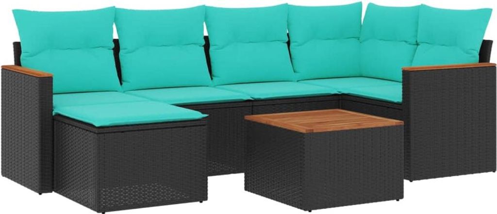 7-teiliges Gartensofa-Set mit Kissen, schwarzes Polyrattan