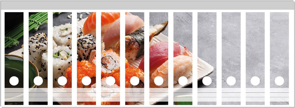 Wallario Ordnerrücken Sticker, selbstklebend für breite Ordner, 12 Stück, Motiv Sushi-Menü mit grünem Tee