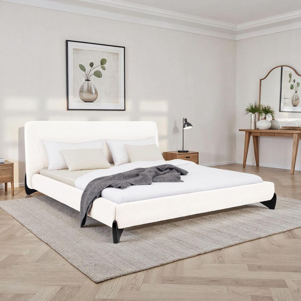 Polsterbett PATERNA gepolstert 180 x 200 cm, Weiß – modernes Doppelbett mit stabilem Lattenrost aus Holz, Bouclé Stoffbezug und Holzbeine Mid C...
