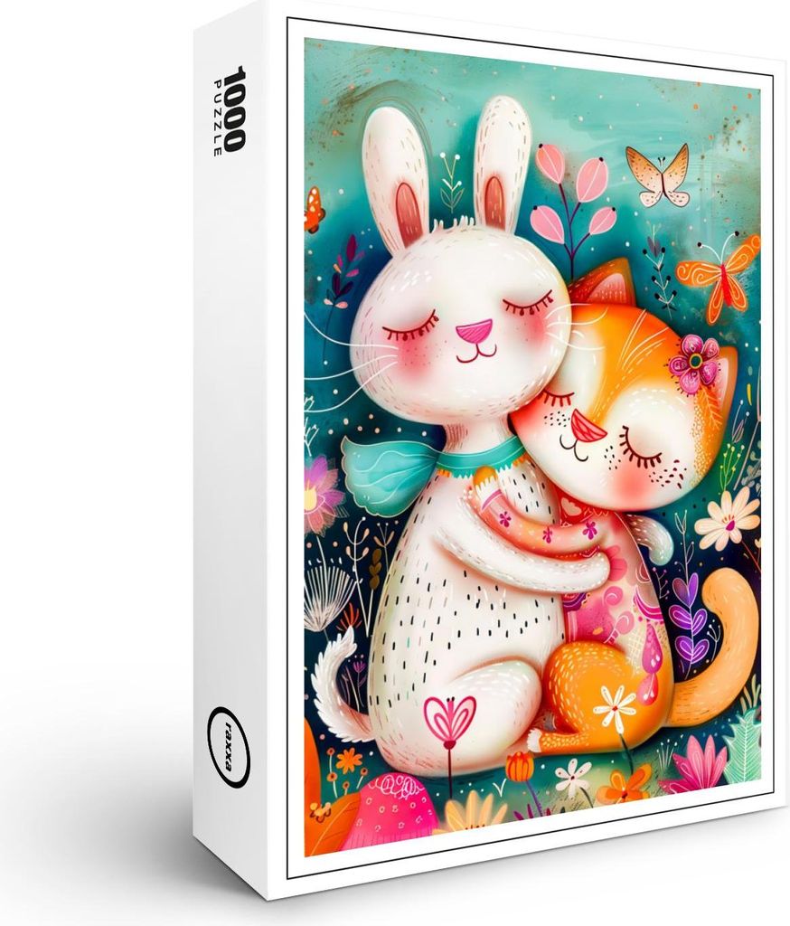raxxa Premium-Puzzle "Rabbit and Cat Hugging each other with butterflys flying", 1000 Teile