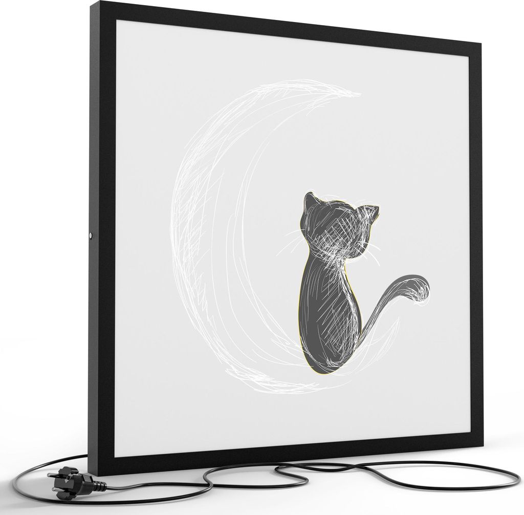 DEQORI LED-Bild & Lampe 60x60 cm Schwarz 'Die Katze und der Mond' Leuchtbild LED Leuchte