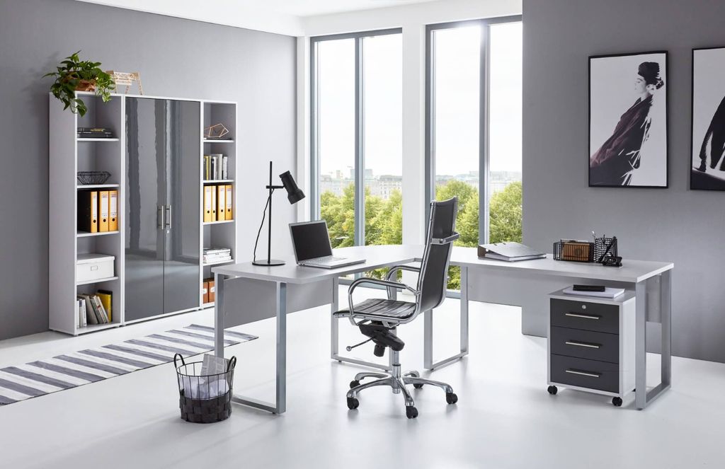 Büromöbel-Set TABOR PRO 3 in lichtgrau / anthrazit Hochglanz, Arbeitszimmer Komplett-Set