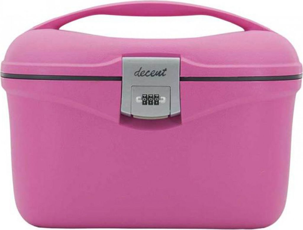 A pink beauty case with a combination lock.