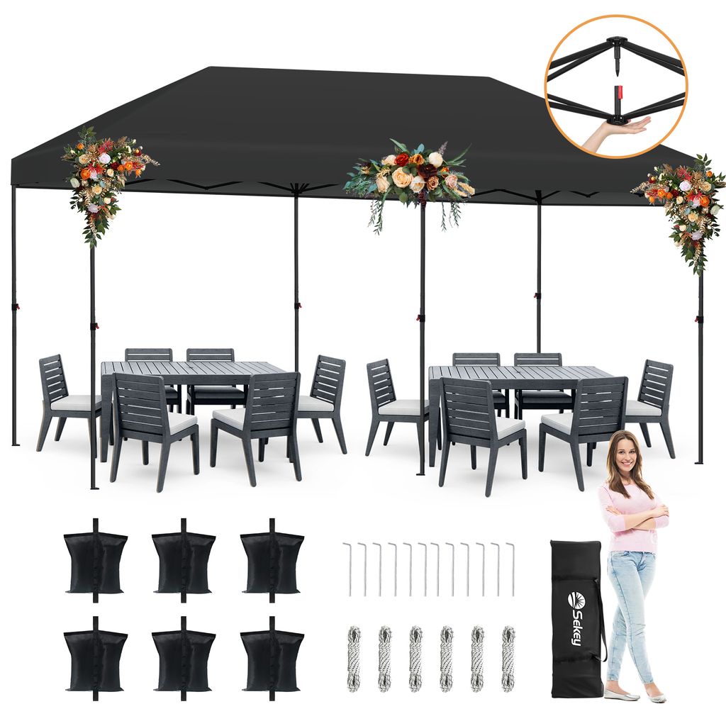 Sekey Faltpavillon 3 x 6 m Pop Up Pavillon Partyzelte Festzelt Gartenzelt Wasserdicht, UV-Schutz 50+ für Camping / Garten / Hochzeit, Schwarz