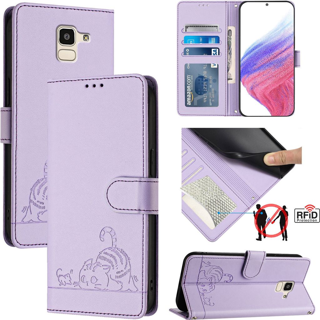 Leder Hülle für Samsung Galaxy J6 2018 Süße Katze Flip Case Brieftasche Schutzhülle mit Standfunktion Lila