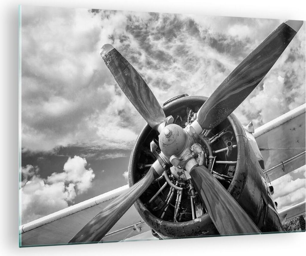 Bilder auf glas - Einteilig - Motor Schwarzweiß Propeller - 70x50cm - Glasbilder - Wandbilder - Bilder - Wanddekoration aus Glas - Glas Bilder - W...