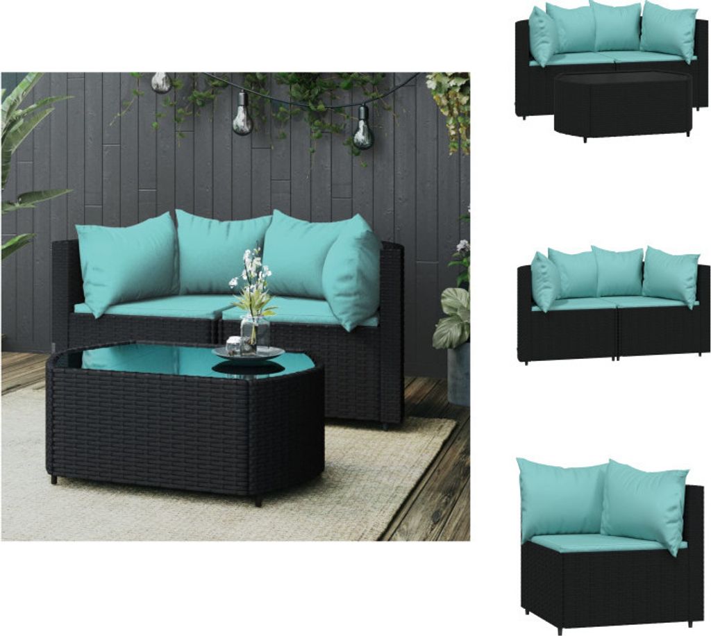 vidaXL 3-tlg. Garten-Lounge-Set mit Kissen Schwarz Poly Rattan - Gartensofas