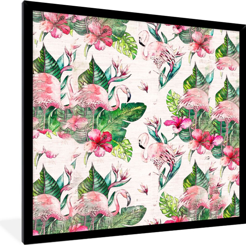 MuchoWow MuchoWow Gerahmtes Poster Flamingo - Blumen - Blätter - Zeitungspapier 40x40 cm - Poster mit zchwarzem Bilderrahmen - Mit Rahmen - Wa...