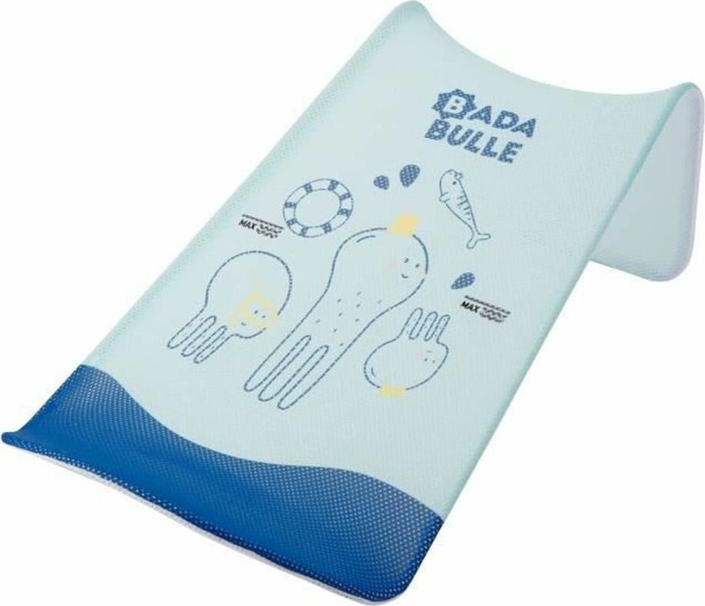 A light blue baby bath seat with cartoon sea creatures printed on it, and a blue mesh section at the bottom.