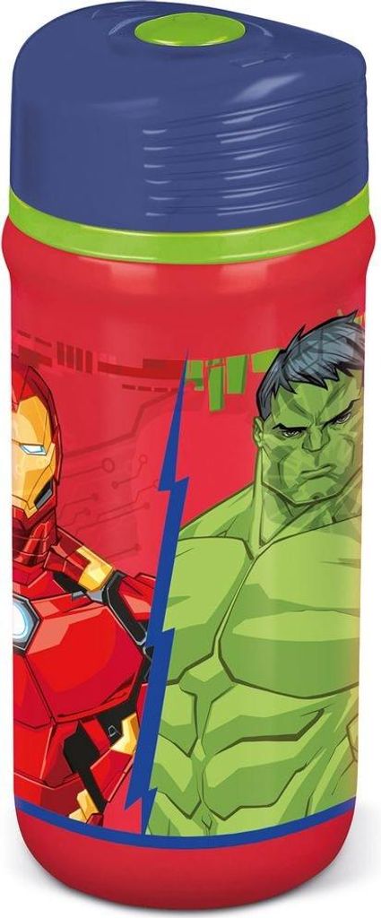 Tataway Marvel, rote und blaue Kunststoff-Wasserflasche für Kinder, Avengers, Hulk, Iron Man, 390 ml, mit Tropfschutz