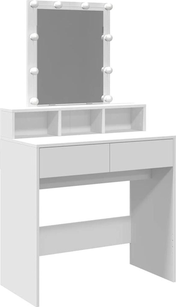 A white vanity table with a lighted mirror and drawers, shown against a white background.