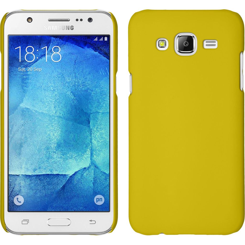 PhoneNatic Case kompatibel mit Samsung Galaxy J7 (2015 / J700) - Hülle gelb gummiert Hard-case + 2 Schutzfolien