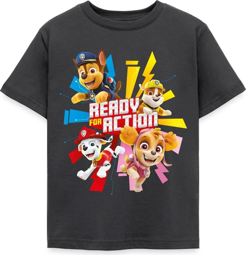Spreadshirt Paw Patrol Ready For Action Spruch Kinder T-Shirt, 110/116 (5-6 Jahre), Dunkelgrau