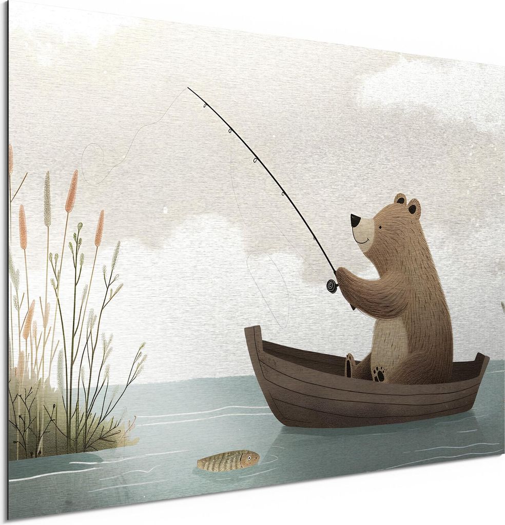 DEQORI Alu-Dibond Bild Silber 60x40 cm 'Bärische Angelzeit' Wandbild Metall dünn Design