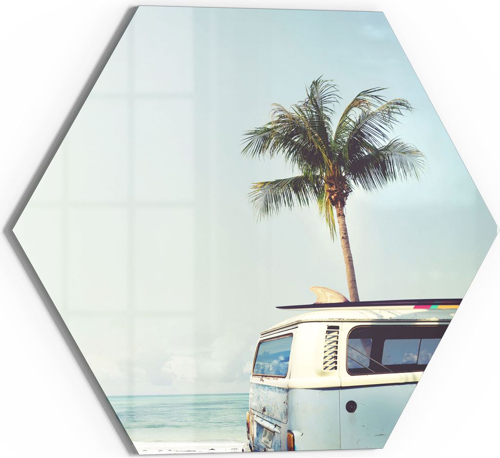 DEQORI Magnettafel Glas 55x48 cm 6-eckig 'Surfer-Bulli am Strand' beschreibbar Whiteboard