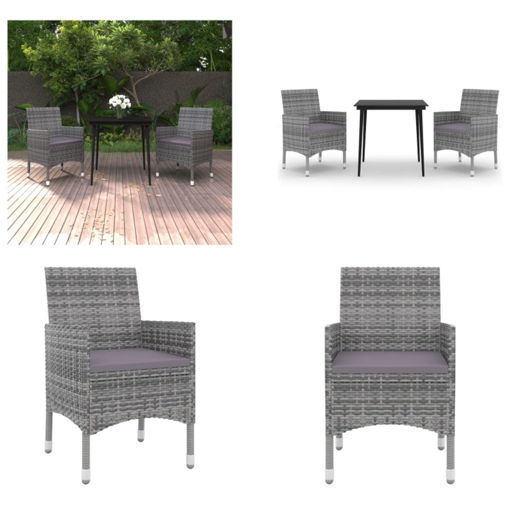 vidaXL 3 tlg. Garten Essgruppe mit Auflagen Poly Rattan und Glas - Garten-Essgruppe - Garten-Essgruppen - Outdoor-Essgruppe - Gartentisch Und Stuhl