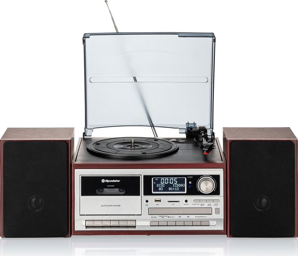 A vintage-style record player with speakers and a cassette deck, shown against a white background.