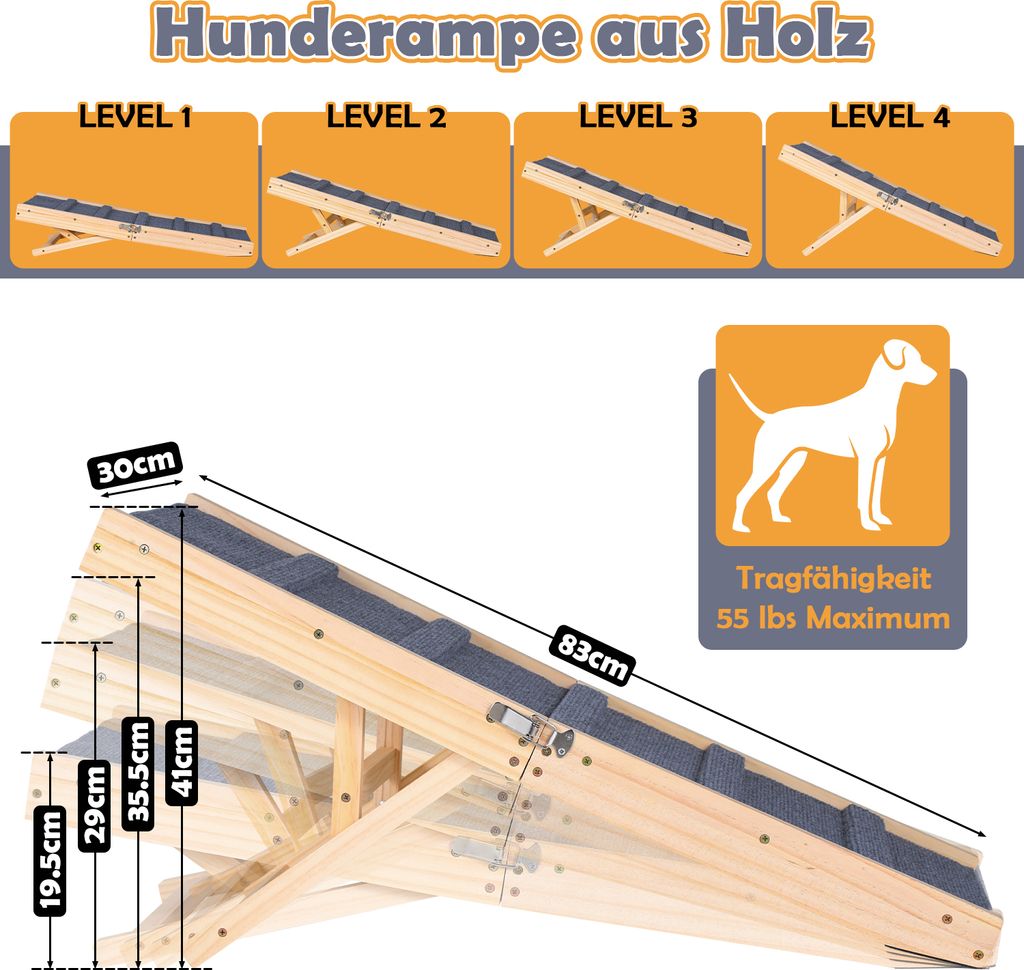 Hunderampe Holz klappbar mit vier Höheneinstellungen