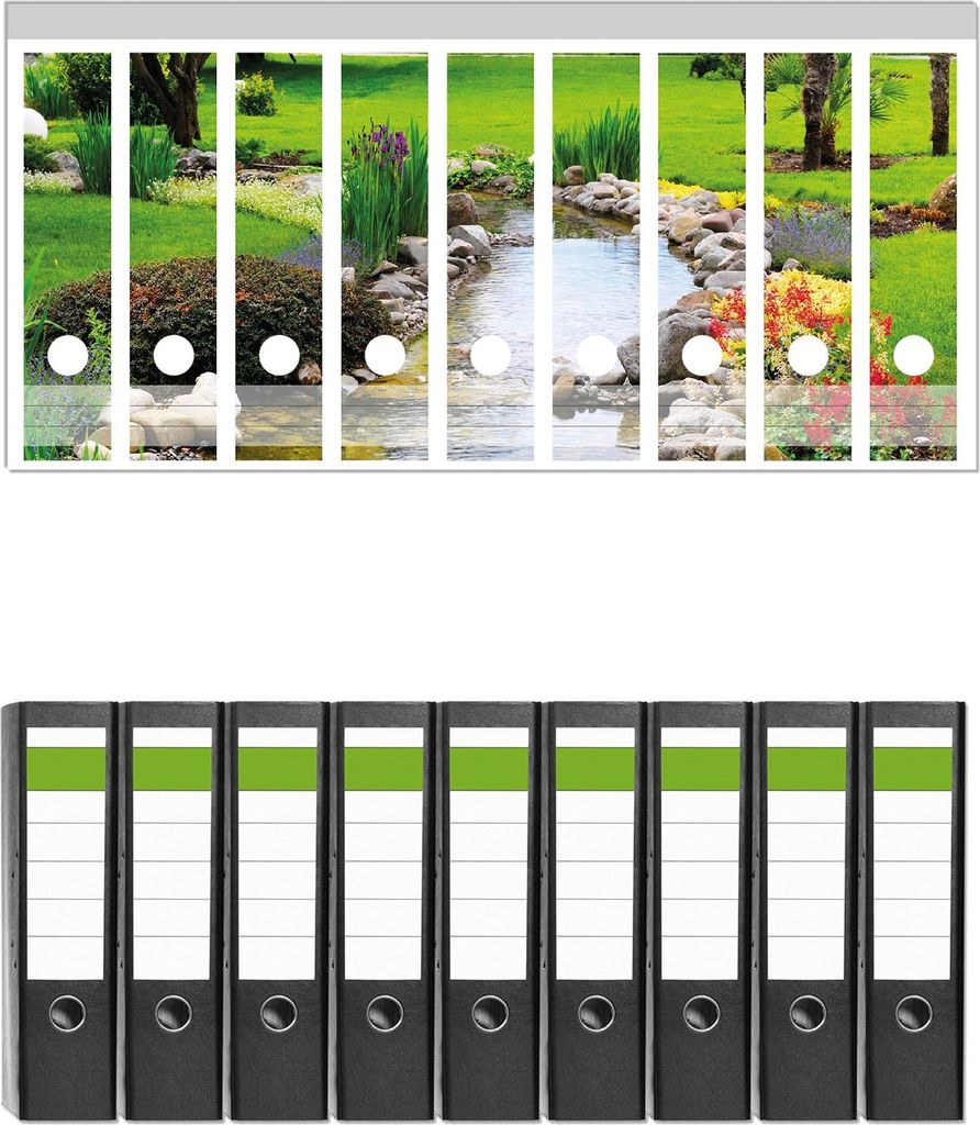 Wallario 9 Stück breite Ordner inkl. Klebeetiketten mit Motive Blumen am Teich - Set mit Rückenschildern / Ordnerrücken Stickern