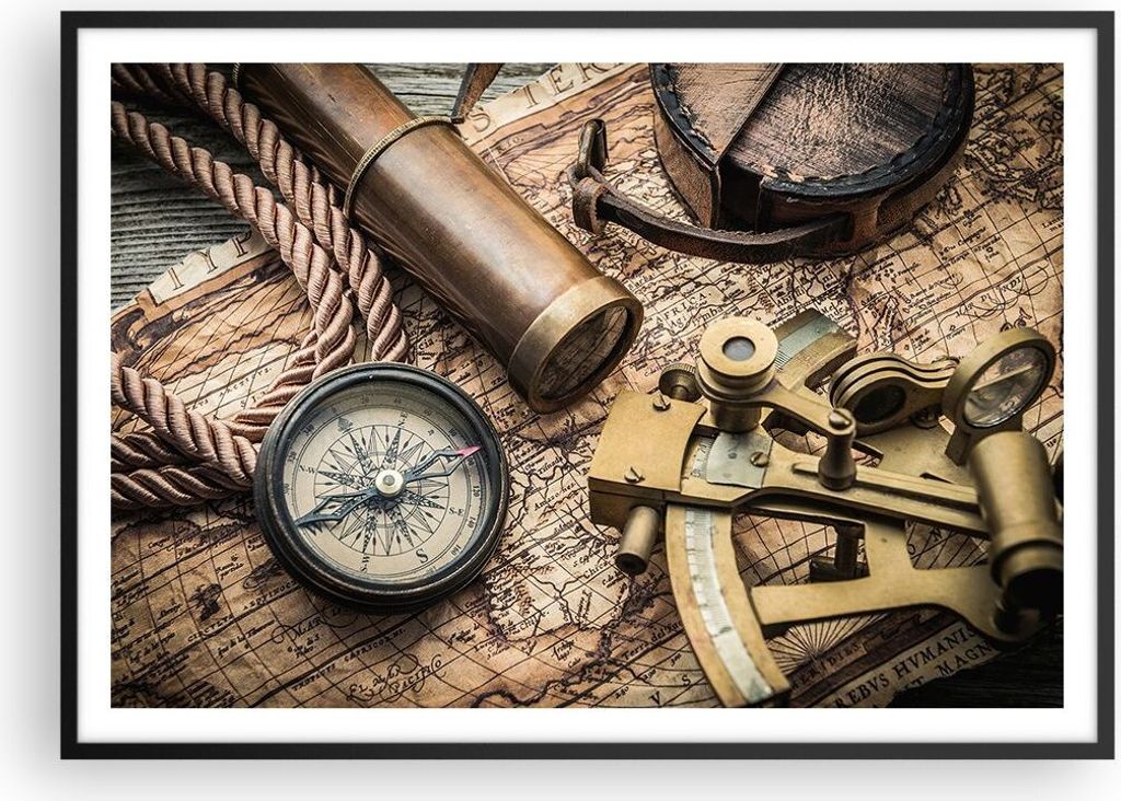 Gerahmtes Poster - Schwarzer Rahmen - Kompass Kompass Karte - 100x70 cm - Wand Bild - Wanddeko - Wandbilder - Wandposter - Bilderrahmen - Bilder - ...