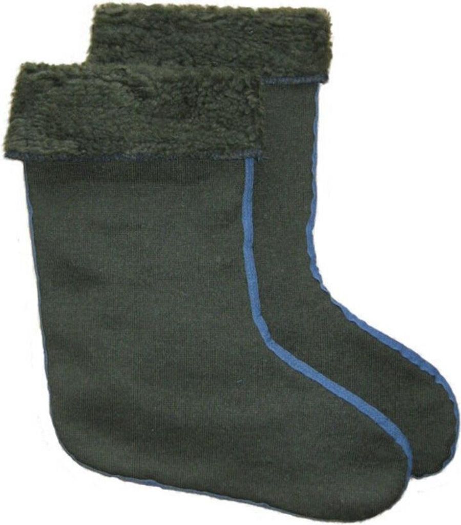 A pair of dark green socks with blue trim and a fuzzy lining at the top.