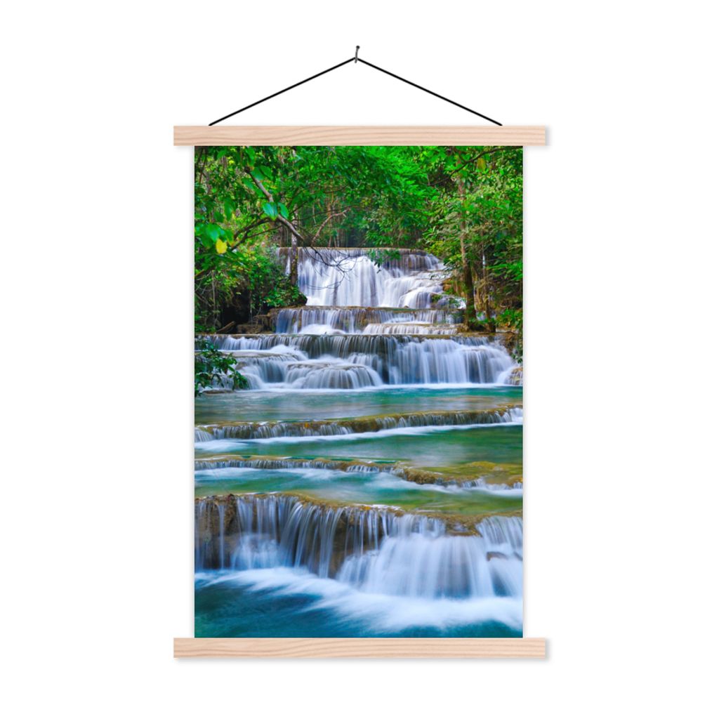 MuchoWow Textilposter Wasserfall - Bäume - Natur - Dschungel 60x90 cm mit holzfarbenen Rahmen - Textil