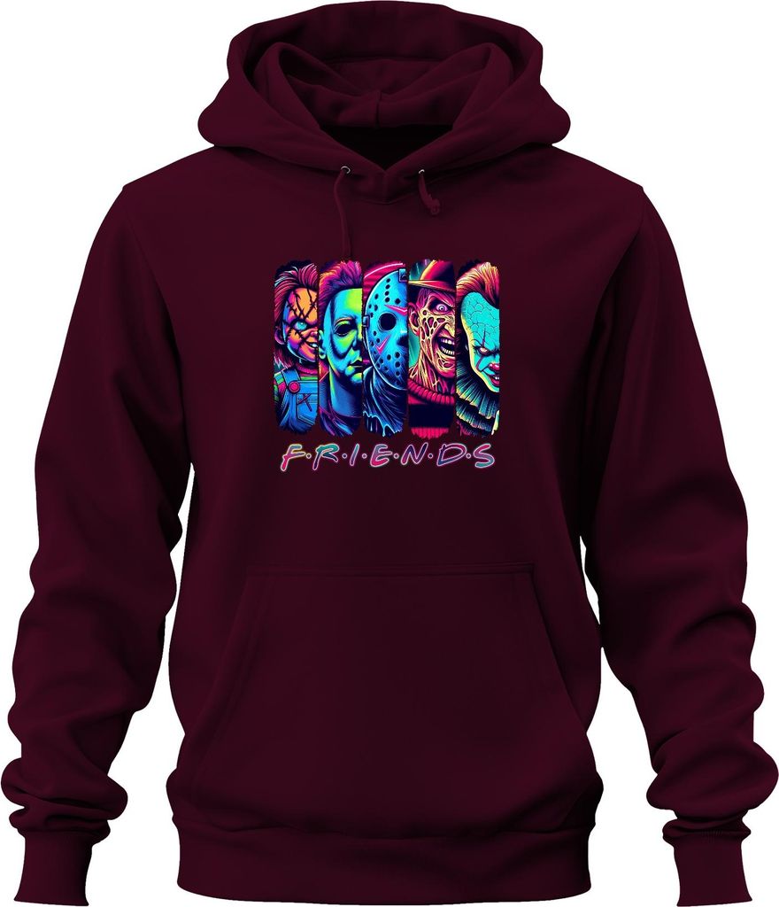 Horror Friends Neon Chucky Michael Myers Jason Freddy Pennywise Uni Hoodie Kapuzenpullover, Burgundy, M
