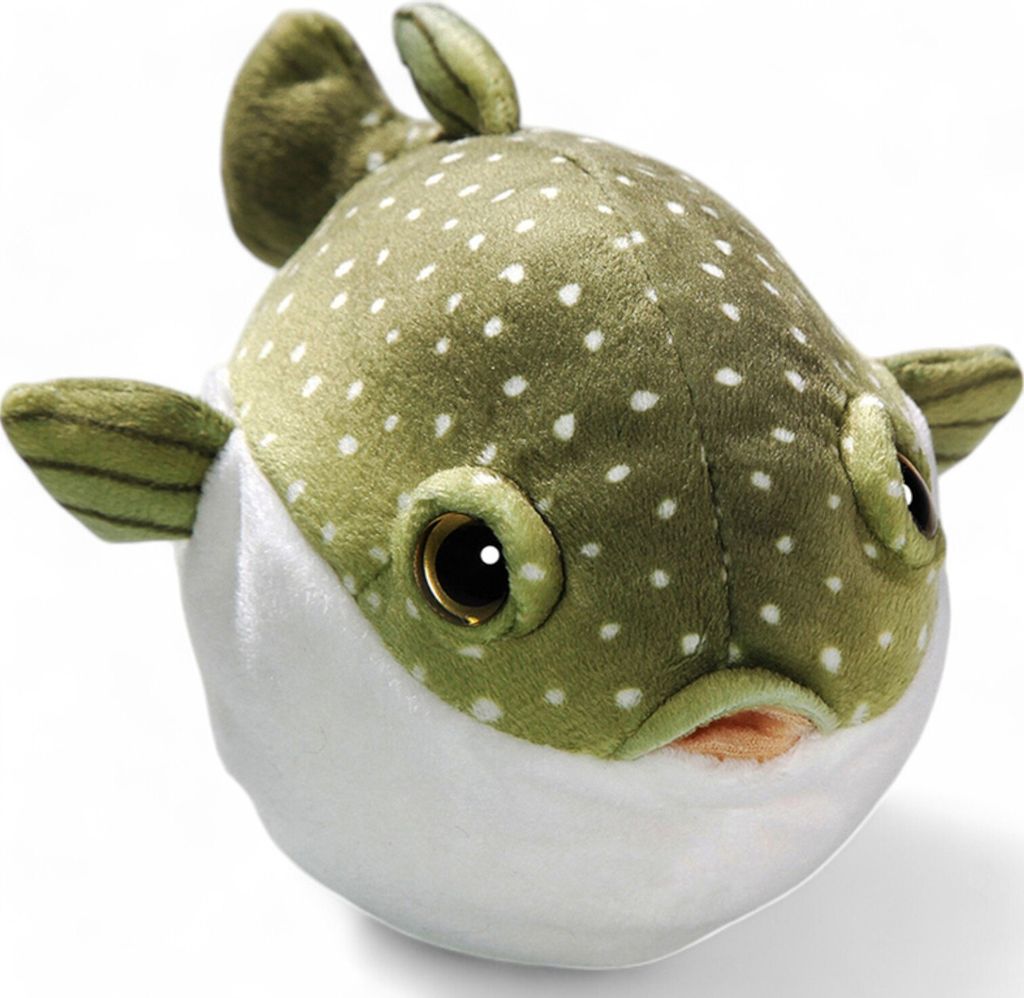 A plush toy pufferfish on a white background.