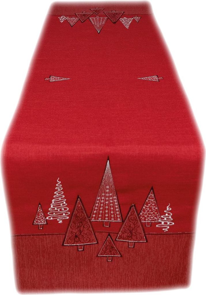 Tischwäsche Tischläufer Stickerei Tannenbäume Winter Weihnachten Deko 40 x 90 cm - rot