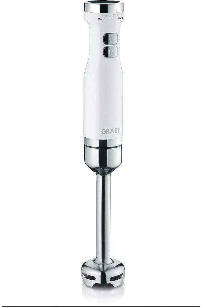 A white and silver immersion blender is shown against a white background.