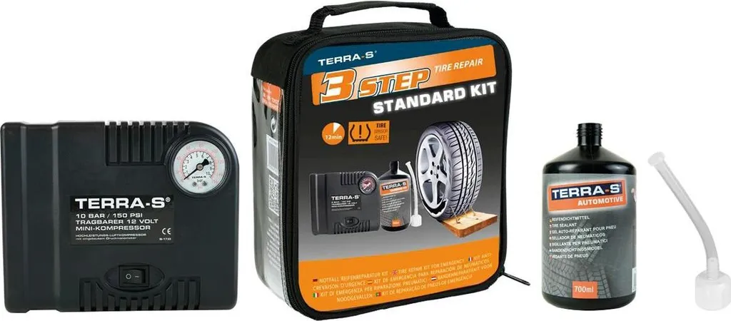 Kit de réparation pneu avec compresseur et liquide de scellement 12V