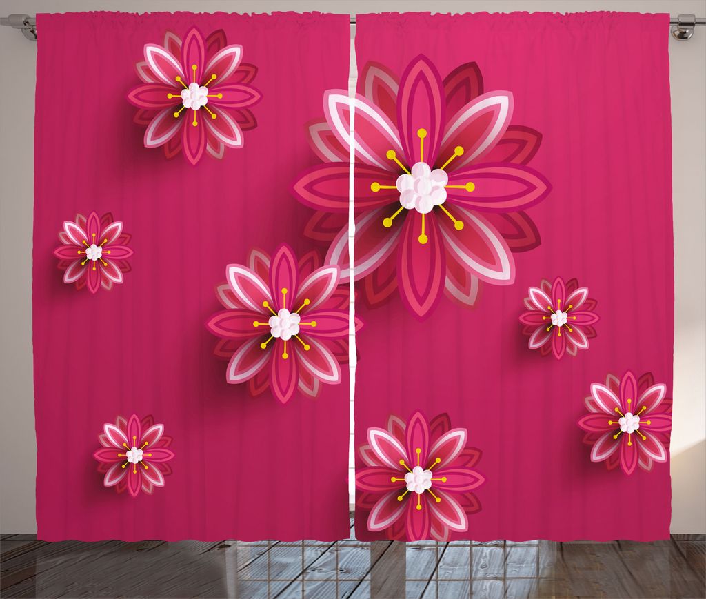 ABAKUHAUS Blumen Rustikaler Gardine, Asiatische Frühlingsblumen, Schlafzimmer Kräuselband Vorhang mit Schlaufen und Haken, 280 x 225 cm, Rosa