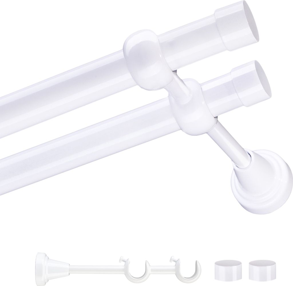 A white double curtain rod with mounting hardware.
