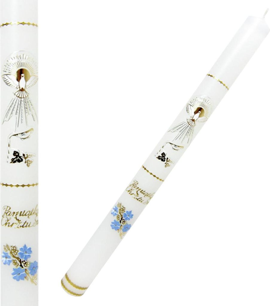 Taufkerze, weiß, glatt, mit goldenen und blauen Verzierungen - Taube