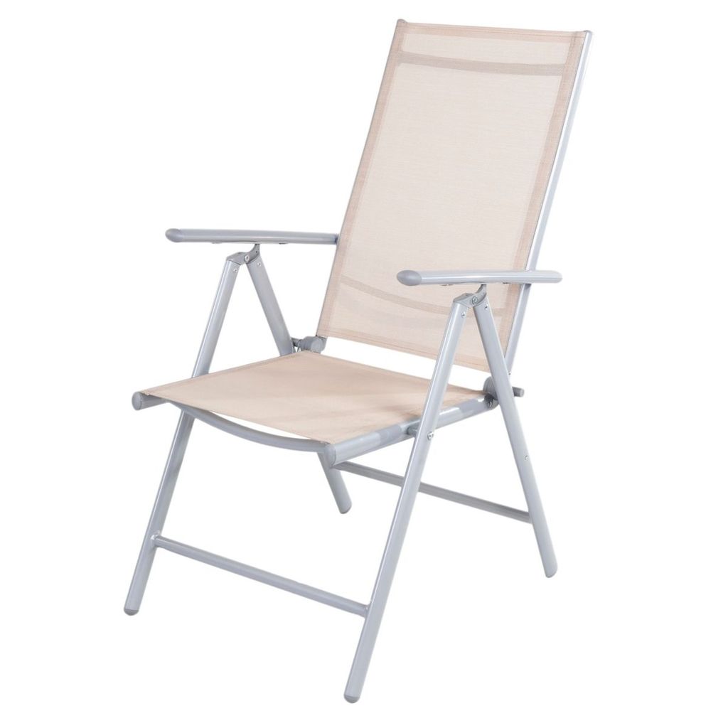A single beige folding chair with a gray metal frame is shown against a white background.