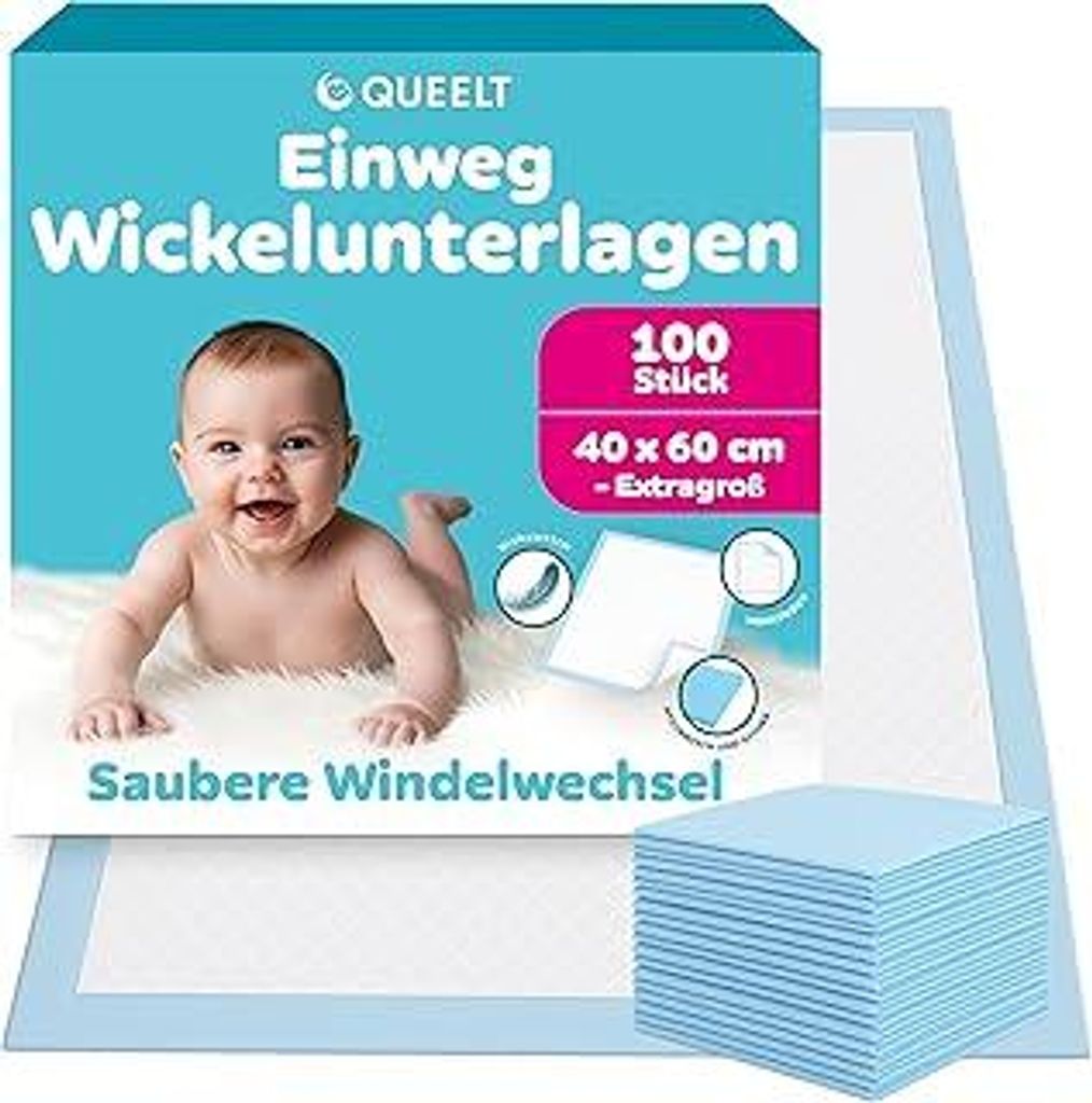 Wickelunterlage Einweg 100 Stück – Wickelauflage Baby 40 × 60 cm, saugstark & auslaufsicher, hygienische Wickelunterlagen für zuhause & unterwegs