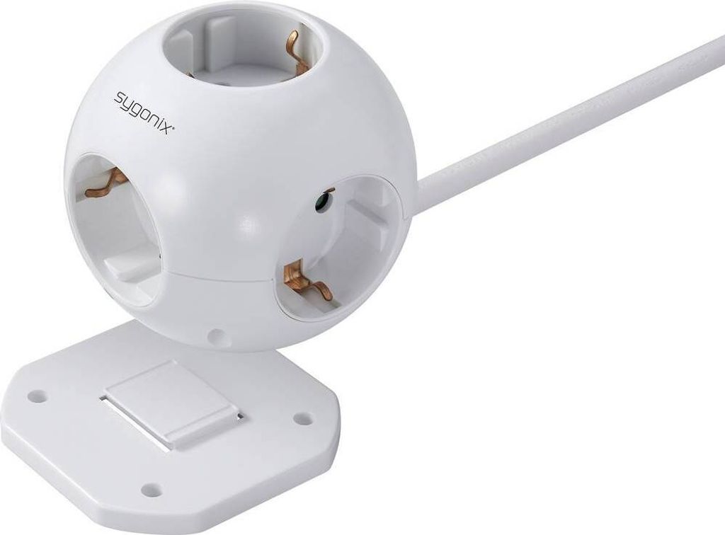 A white power strip cube with multiple outlets and a power cord, resting on a white base.