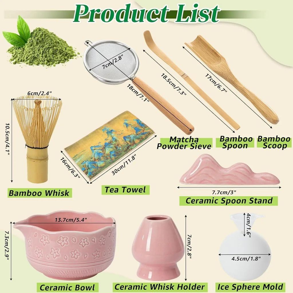 Matcha Tee Set - 9-teiliges Teezeremonie Set - Kirschblüten Schale mit Bambusbesen, Löffel, Sieb, Besenhalter, Tuch - Keramik - Rosa