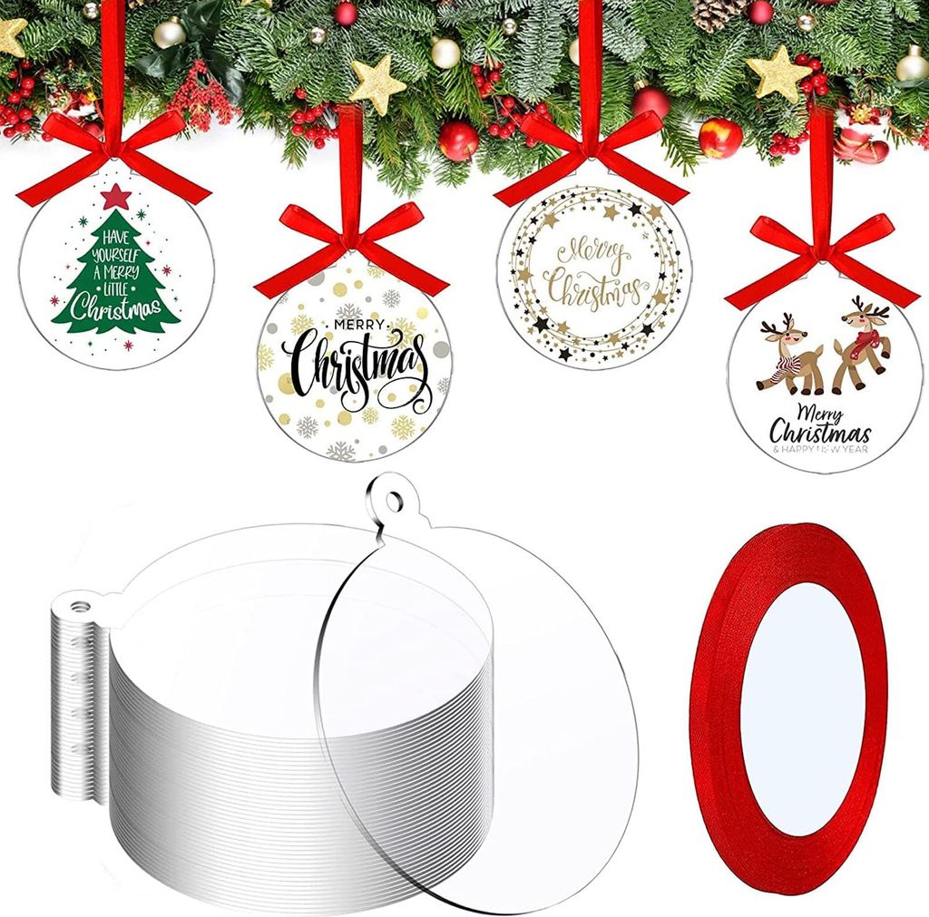100 Pcs Clear Round Acrylic Ornaments Clear Acrylic Christmas Ornaments DIY Blank Round Acrylic Christmas Ornament with Red Ribbon for Christmas Tr...