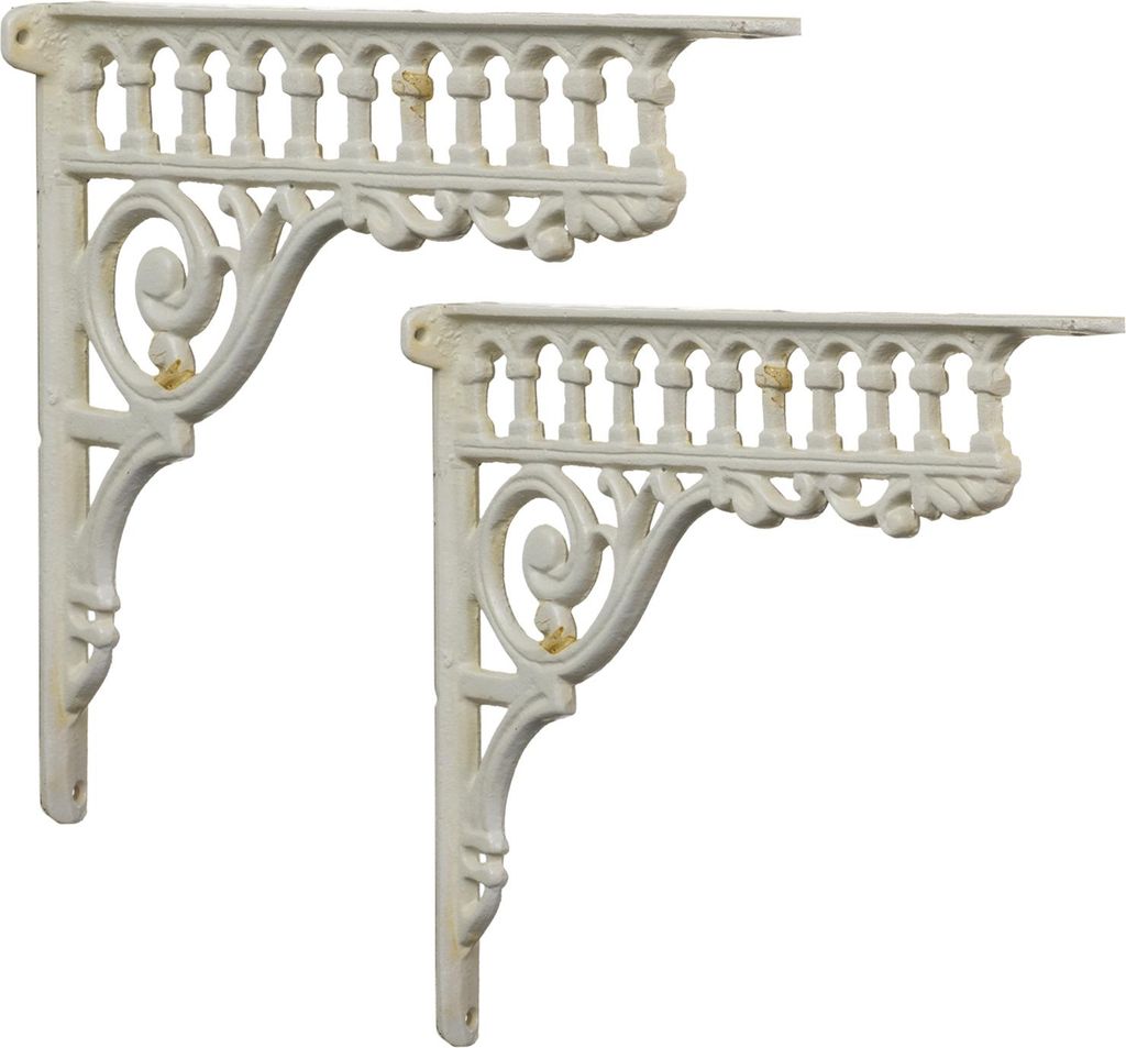 Two white cast iron shelf brackets are shown against a white background.