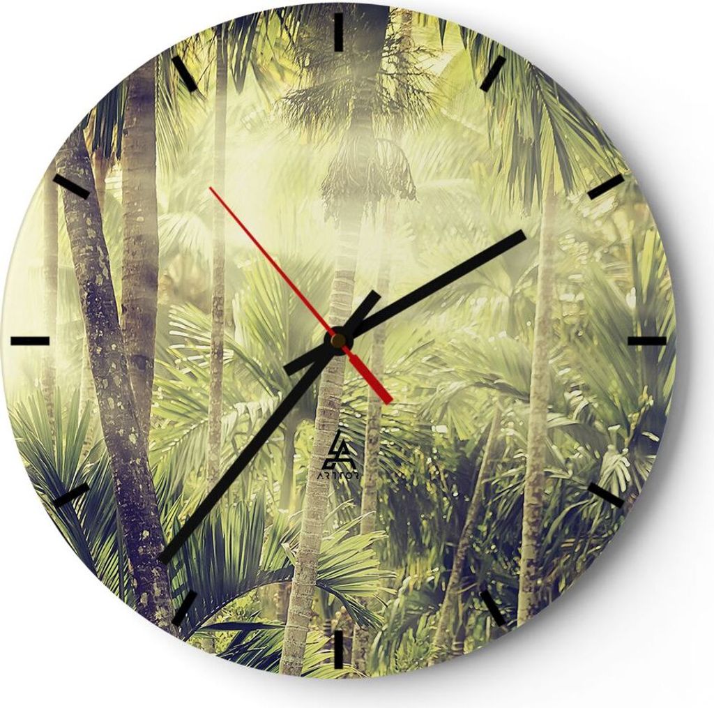 Wanduhr - Rund - Glasuhr - Morgendämmerung Dschungel Palmen - 30x30cm - Schleichendes Uhrwerk - Lautlos - zum Aufhängen bereit - Dekoration Moder...