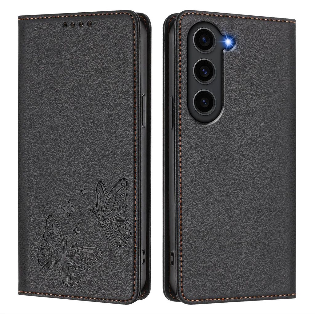 Lederhülle für Samsung Galaxy S23+, Schmetterling Prägung Leder Brieftasche Schutzhülle mit Ständer Schwarz