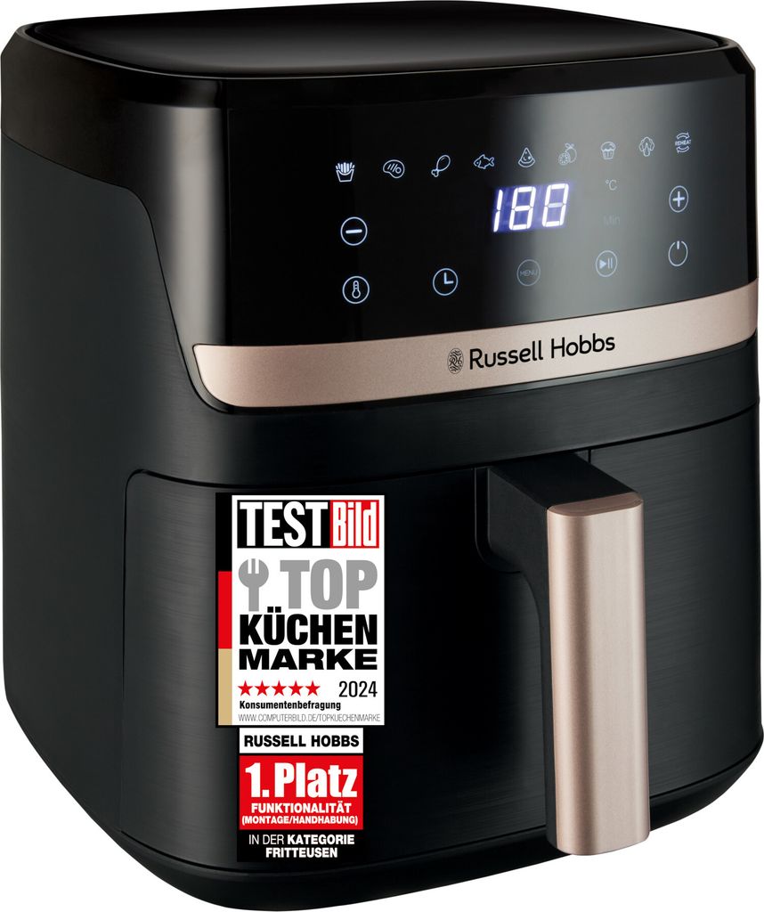 A black Russell Hobbs air fryer with gold accents, featuring a digital display and a promotional sticker.