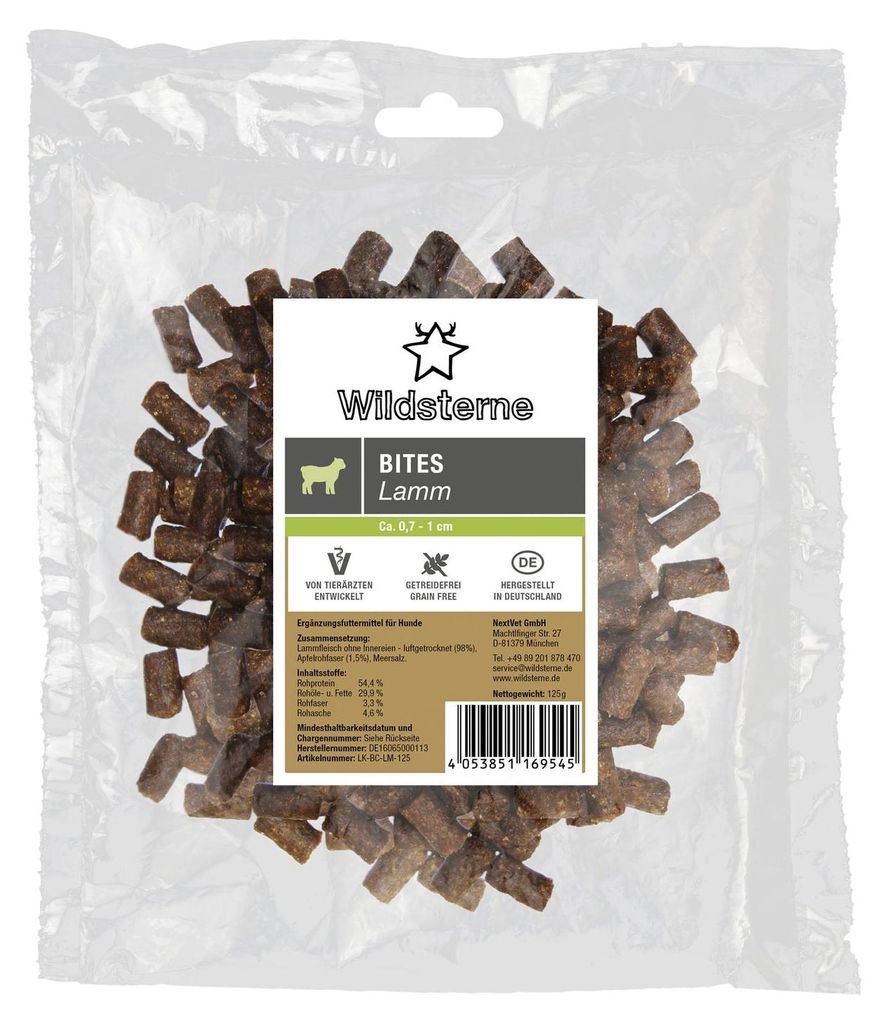 Wildsterne Bites Lamm | Hundeleckerli aus reinem Lammfleisch | ideal für sensible Hunde | 125 g