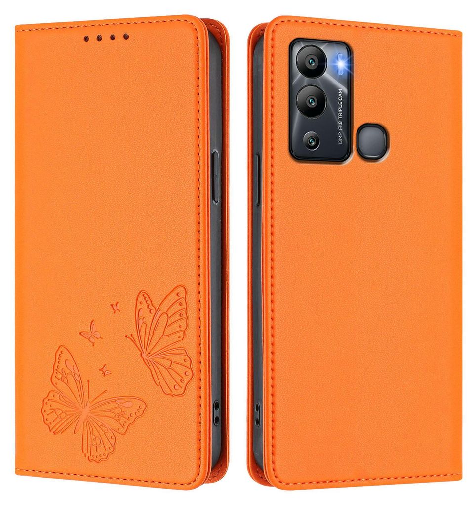 Lederhülle für Infinix Hot 12i / Hot 20i, Schmetterling Prägung Leder Brieftasche Schutzhülle mit Ständer Orange