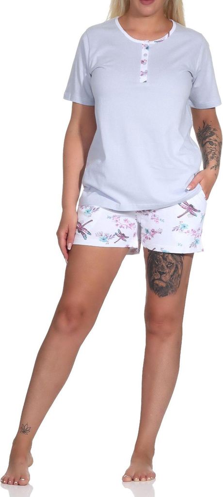 Normann Damen kurzarm Schlafanzug Shorty Pyjama in floralem Alloverprint ; hellblau , 40