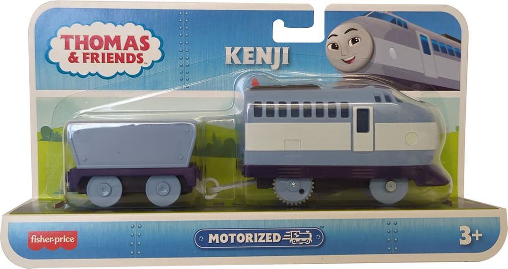 Fisher-Price HHN40 Thomas & Friends motorisierte Kenji Lokomotive, batteriebetriebene Lok, Zugmaschine grau mit Anhänger